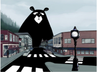 Sample image of black bear towering over Juneau from 2021 Calendar With Bears On It By Pat Race